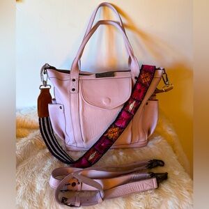 Nena & Co. Lavender Leather Utility bag with Hupil crossbody strap.